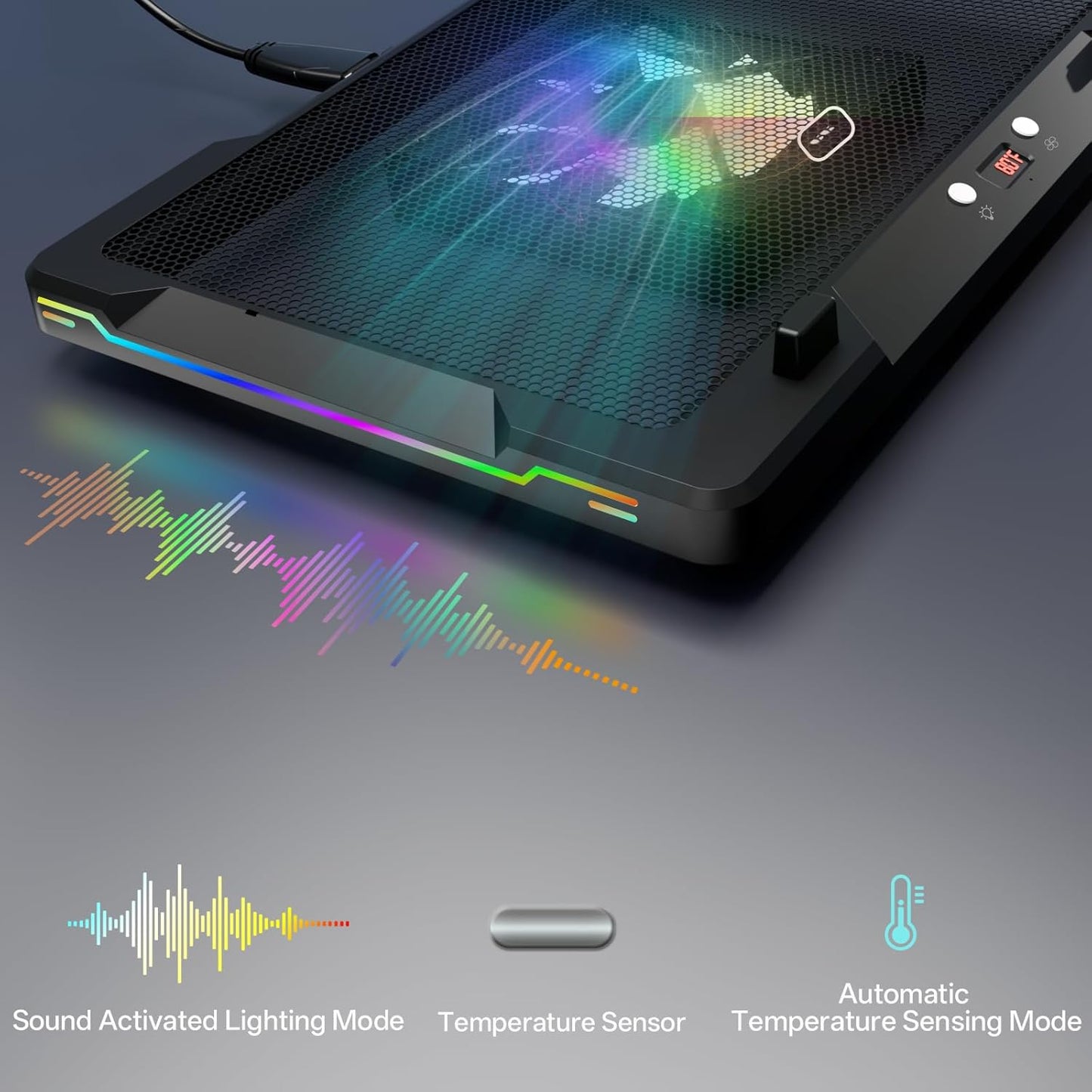 Movable RGB Laptop Cooler with 5.5" Sliding Fan, Ergonomic Cooling Stand with 8 Light Modes for 14-17.3 Inch Gaming Laptops