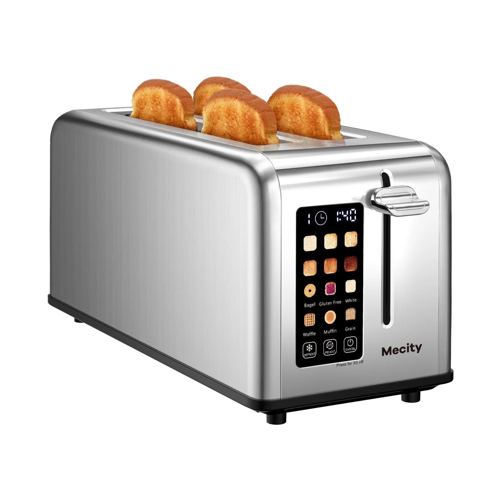 4-Slice Toaster with Touchscreen, Stainless Steel, Wide Slots, 6 Browning Settings, Digital Display, Reheat, Defrost, Crumb Tray, Matte Black