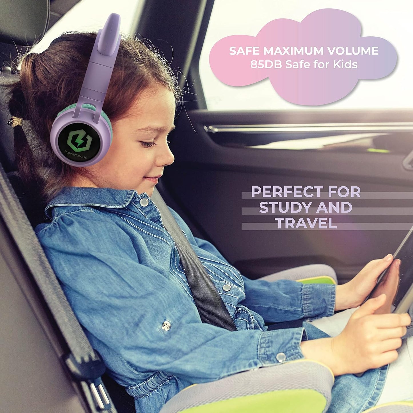Kids Cat Ear Headphones, Bluetooth 5.3 Wireless, LED Lights, Safe Volume Limit, Micro SD/TF, for Ipad, Tablet, Travel (Purple/Teal)