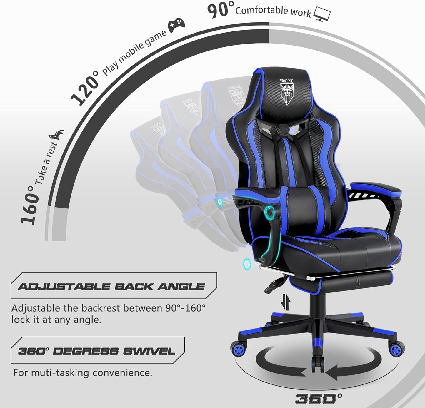 Gaming Chair with Footrest Reclining Computer Chair with Massage Gamer Chair Big and Tall Gaming Chair Ergonomic PC Gaming Chair Adults Computer Gaming Chairs for Heavy People 300LBS (Blue)