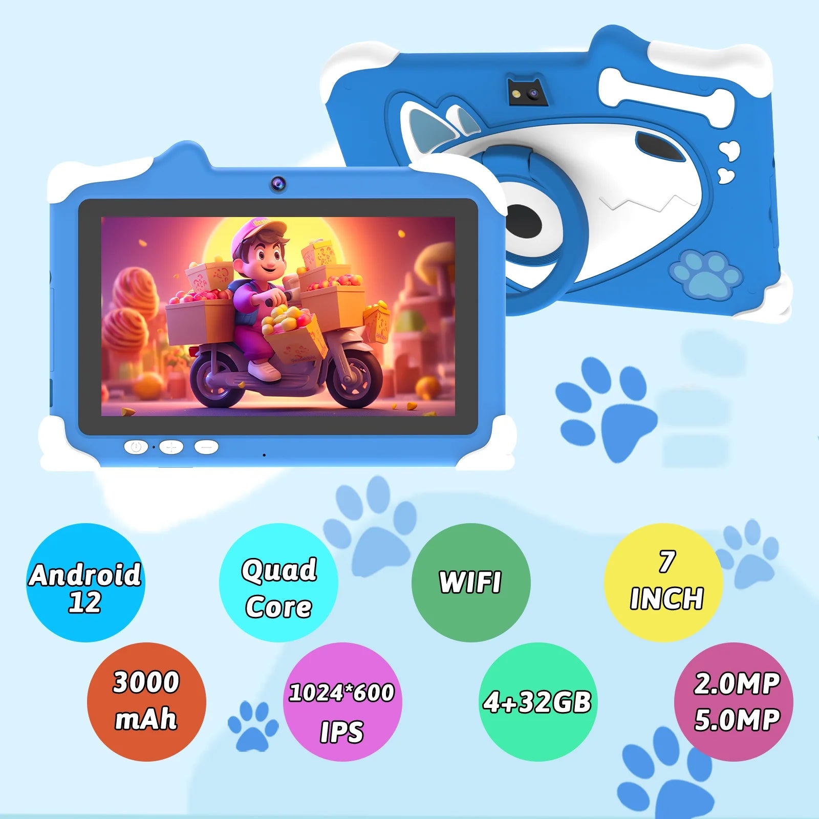 Android 12 Kids Tablet, 7 Inch Tablet for Kids, 4GB RAM 32GB ROM Toddler Tablet, 1.5Ghz Quad-Core Processor, Safety Eye Protection Screen, Parental Control APP, Tablet with Shockproof Case
