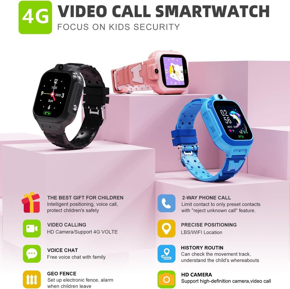 4G Kids Smart Watch GPS Tracker - Smartwatch with Two Way Call Video Calling Voice Chat SOS Class Mode Stopwatch Pedometer Games Wi-Fi Touch Screen Alarm Clock Smartwatches for Boys Girl (Black)