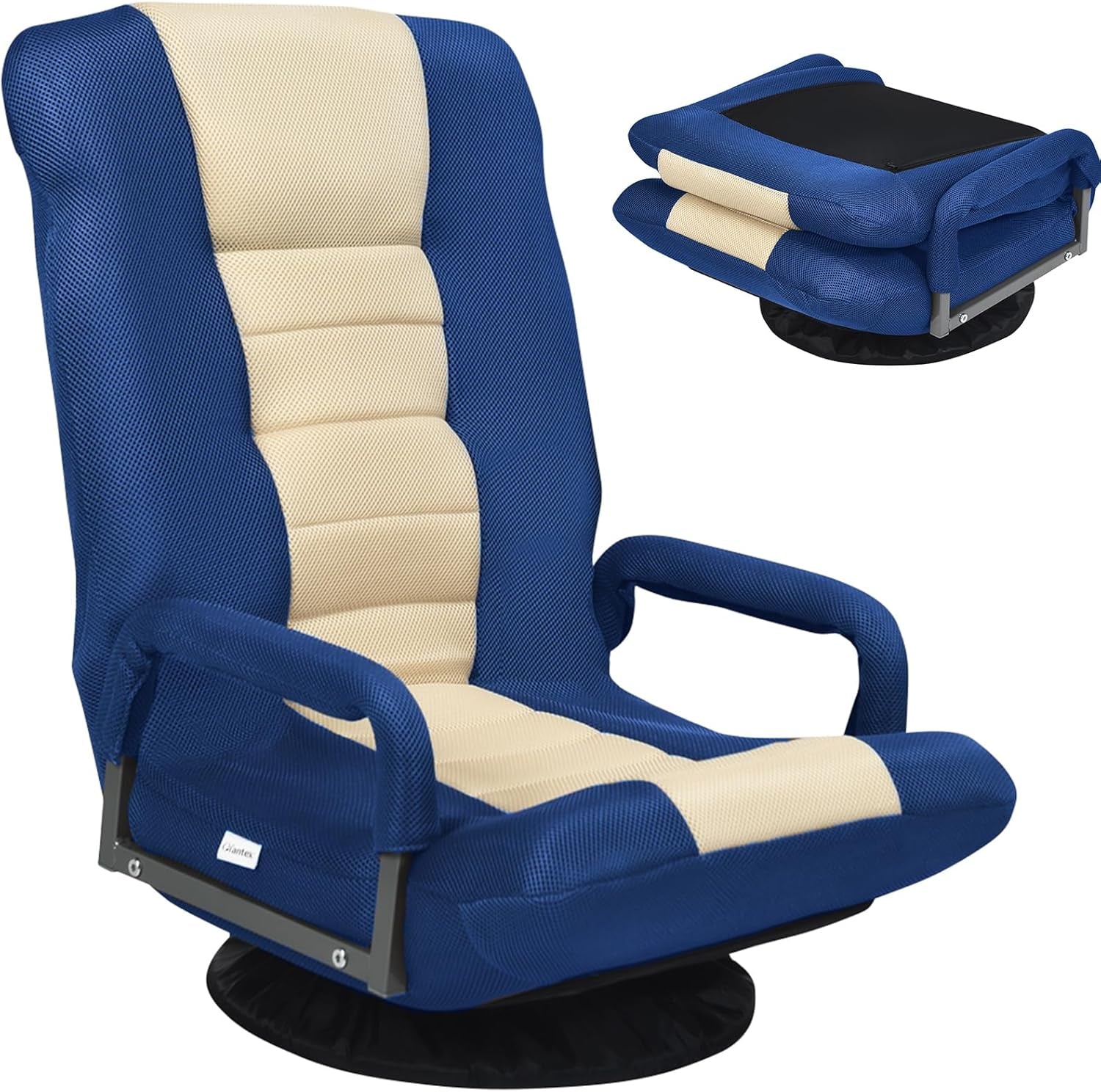 Floor Chair, 360 Degree Swivel Chair with Adjustable Backrest, Lumbar Support, Armrest, Foldable Lazy Sofa Rocker for TV, Reading, Playing Video Games, Blue/Beige