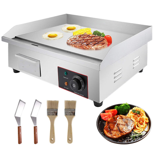 22" Electric Countertop Flat Top Griddle 110V 3000W Non-Stick Commercial Restaurant Teppanyaki Grill Stainless Steel Adjustable Temperature Control 122°F-572°F(No Plug)