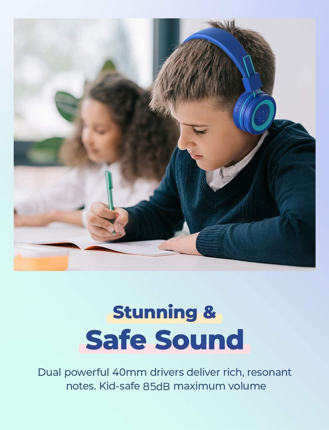 [2 Pack BTH02 Kids Bluetooth Headphones for School with MIC, 85Dba Volume Protection, Adjustable Foldable,For Ipad/Tablet/Airplane, Green/Blue