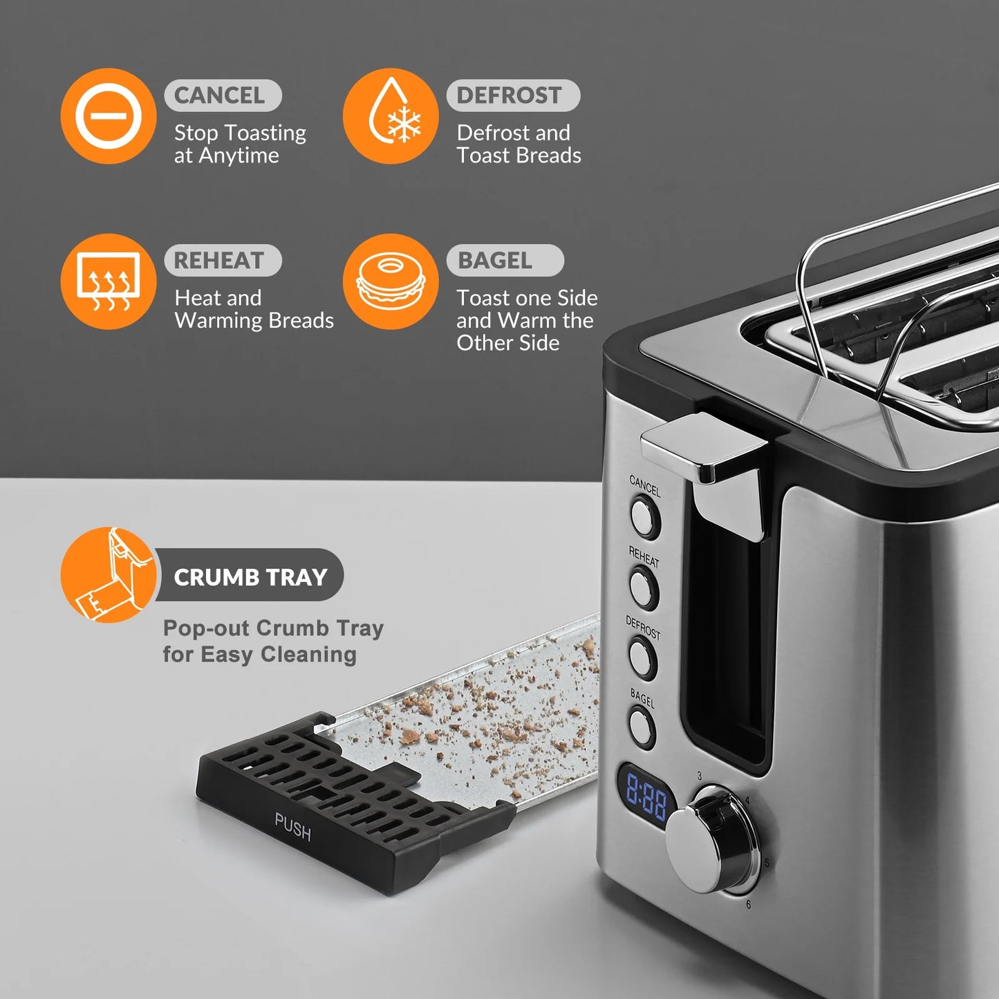 4-Slice Stainless Steel Toaster with Digital Countdown Timer & Warming Rack, 1300W, Silver