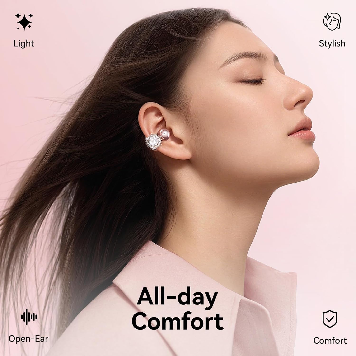 Jewelry-Inspired Clip-On Earbuds with Diamond Earrings, Comfortable Fit & 40H Playtime Open Ear Bluetooth 5.4 Wireless Headphones for Women, Small Ears, Sports & Workouts (Rose Gold)