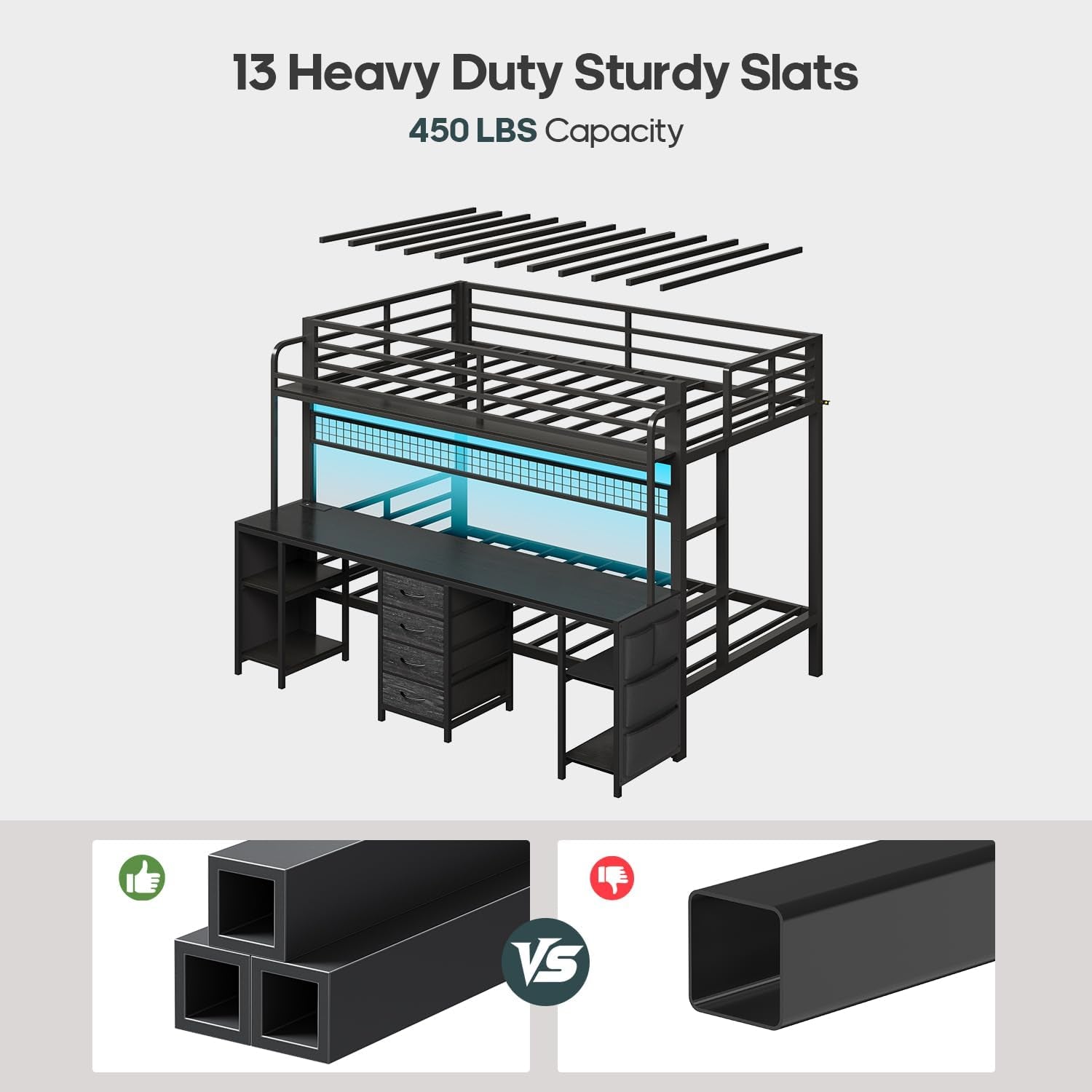 Bunk Bed Twin over Twin with 2 Person Desk, LED Lights, Black | Twin Bunk Bed with 4 Drawers,Storage Rack, 4 Shelves and Power Outles, Safety Guardrail for Kids/Teens Bedroom
