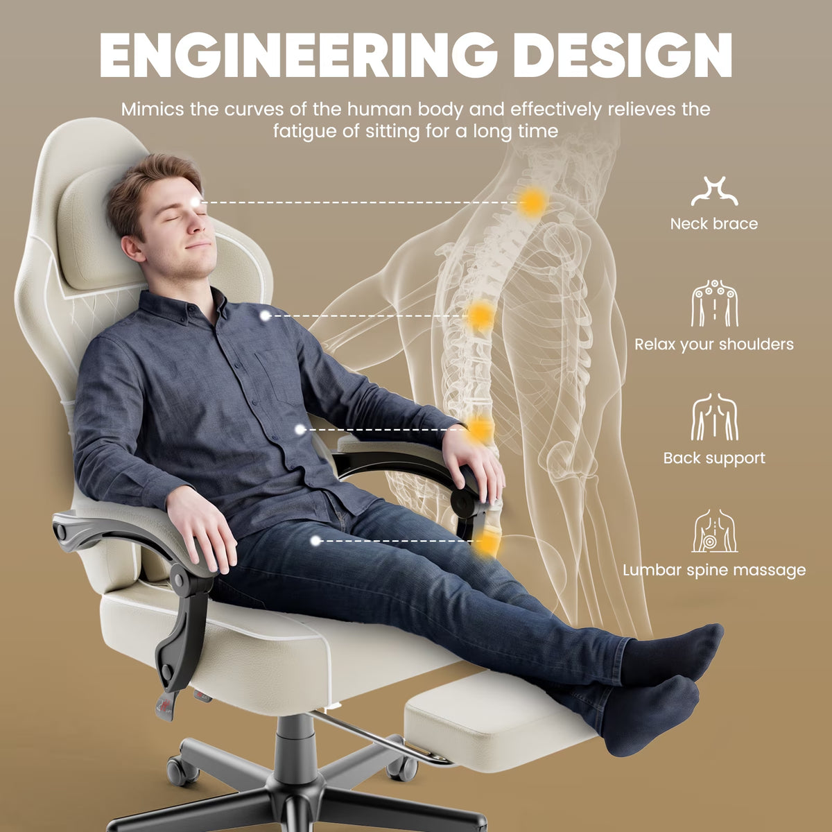 Gaming Chair for Adults, Ergonomic Gamer Chair with Footrest and Massage Lumbar Cushion, High Back Swivel Comfortable Video Game Chair, Adjustable Height Computer Office Chair, Beige