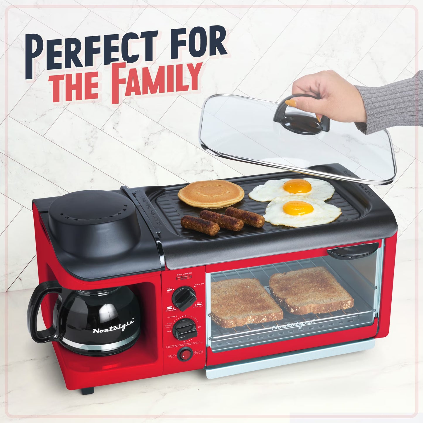 Retro 3-In-1 Breakfast Station with Coffeemaker, Griddle, and Toaster Oven, Retro Red
