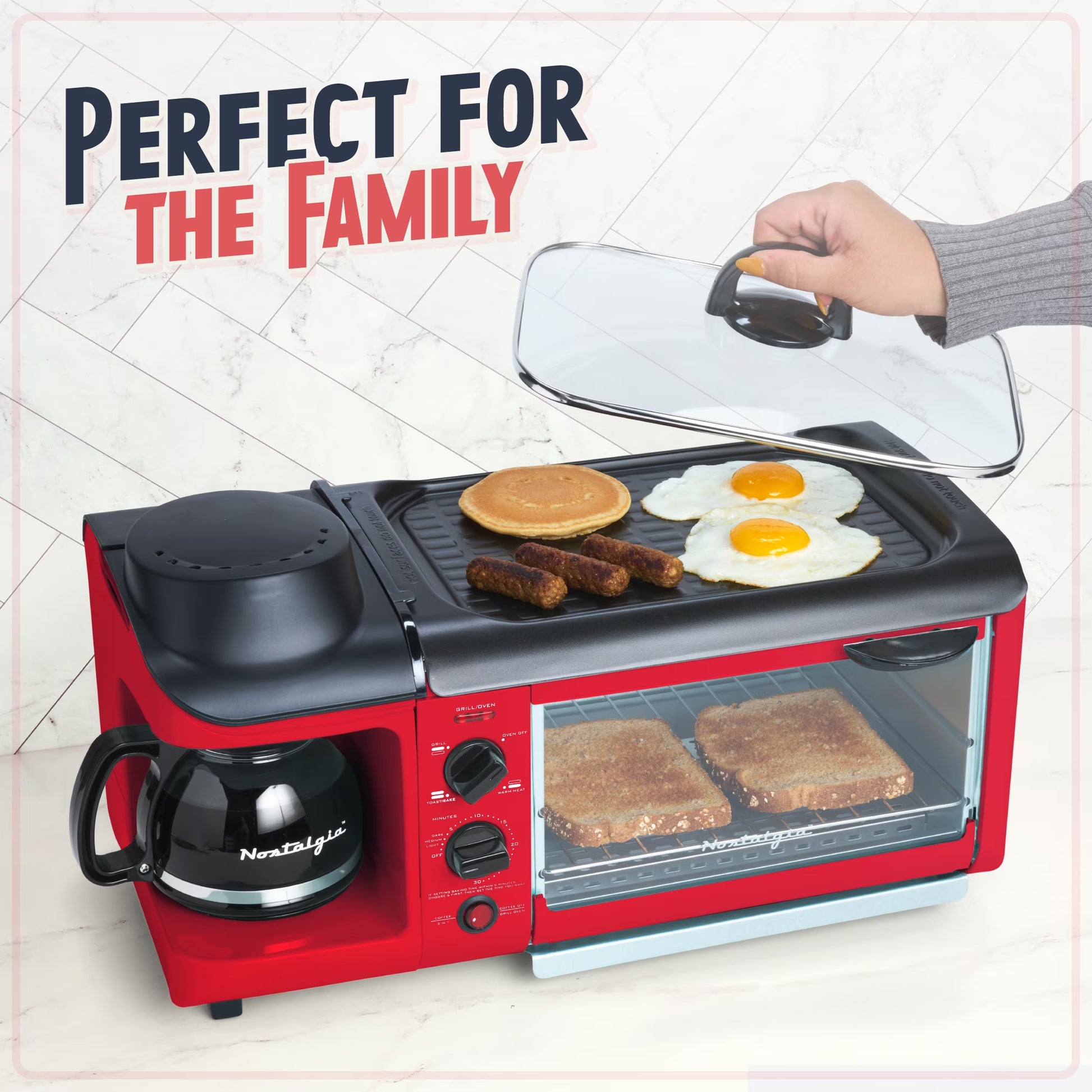 Retro 3-In-1 Breakfast Station with Coffeemaker, Griddle, and Toaster Oven, Retro Red
