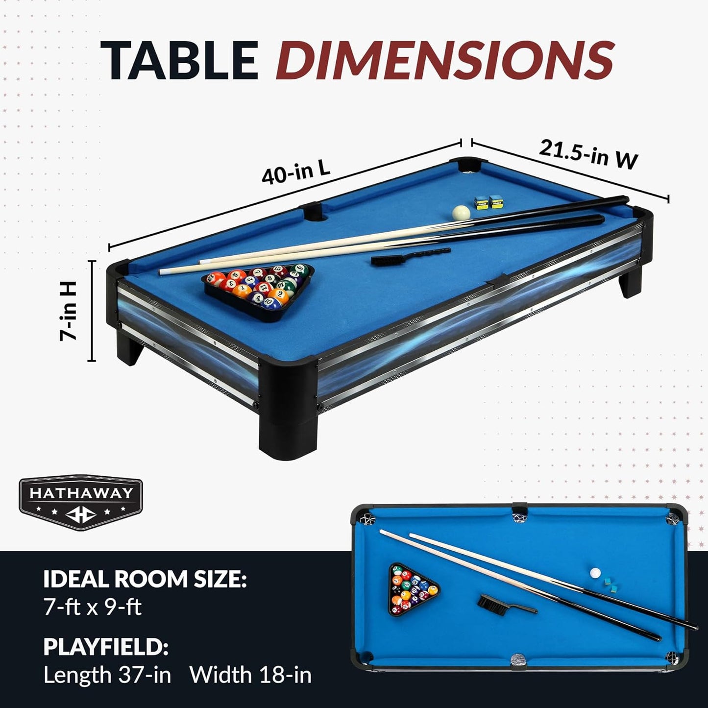 Breakout 40-In Tabletop Billiards Set for Dining or Game Tables – Compact Blue Pool Playing Surface with Cue Sticks, Ball Kit, Triangle, Chalk & Brush – Lightweight Portable Indoor Fun