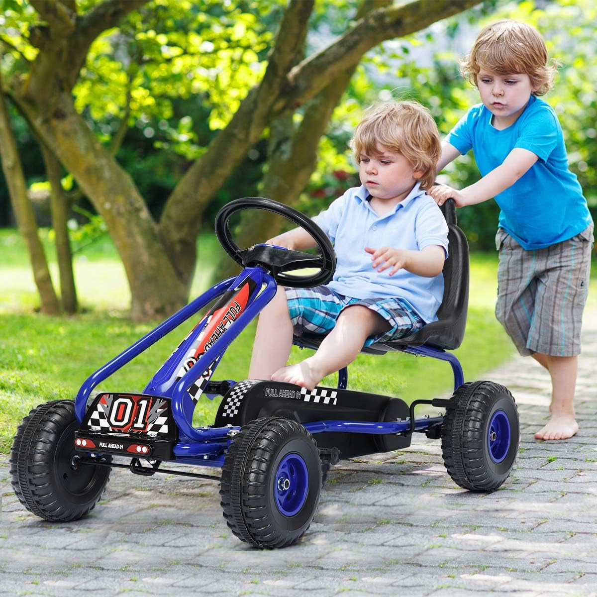 Go Kart for Kids, 4 Wheel Pedal Powered Go Cart with Steering Wheels & Adjustable Seat, Safety Hand Brake, Non-Slip Tires, Outdoor Off-Road Racer Ride on Pedal Car for Boy Girl (Blue)