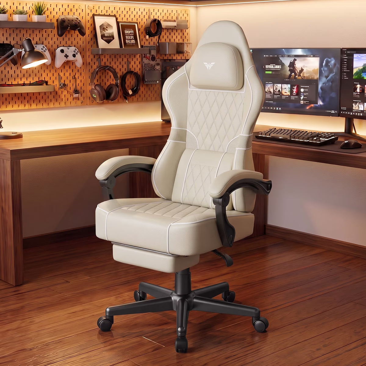 Gaming Chair for Adults, Ergonomic Gamer Chair with Footrest and Massage Lumbar Cushion, High Back Swivel Comfortable Video Game Chair, Adjustable Height Computer Office Chair, Beige