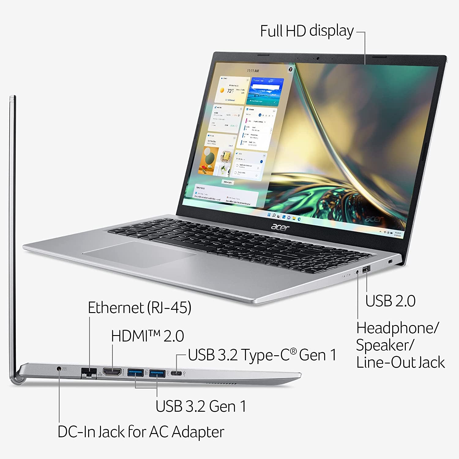 A515-56-36UT Aspire 5, 15.6" Full HD Display, 11Th Gen Intel Core I3-1115G4 Processor, 4GB DDR4, 128GB Nvme SSD, Wifi 6, Windows 11 Home (S Mode)