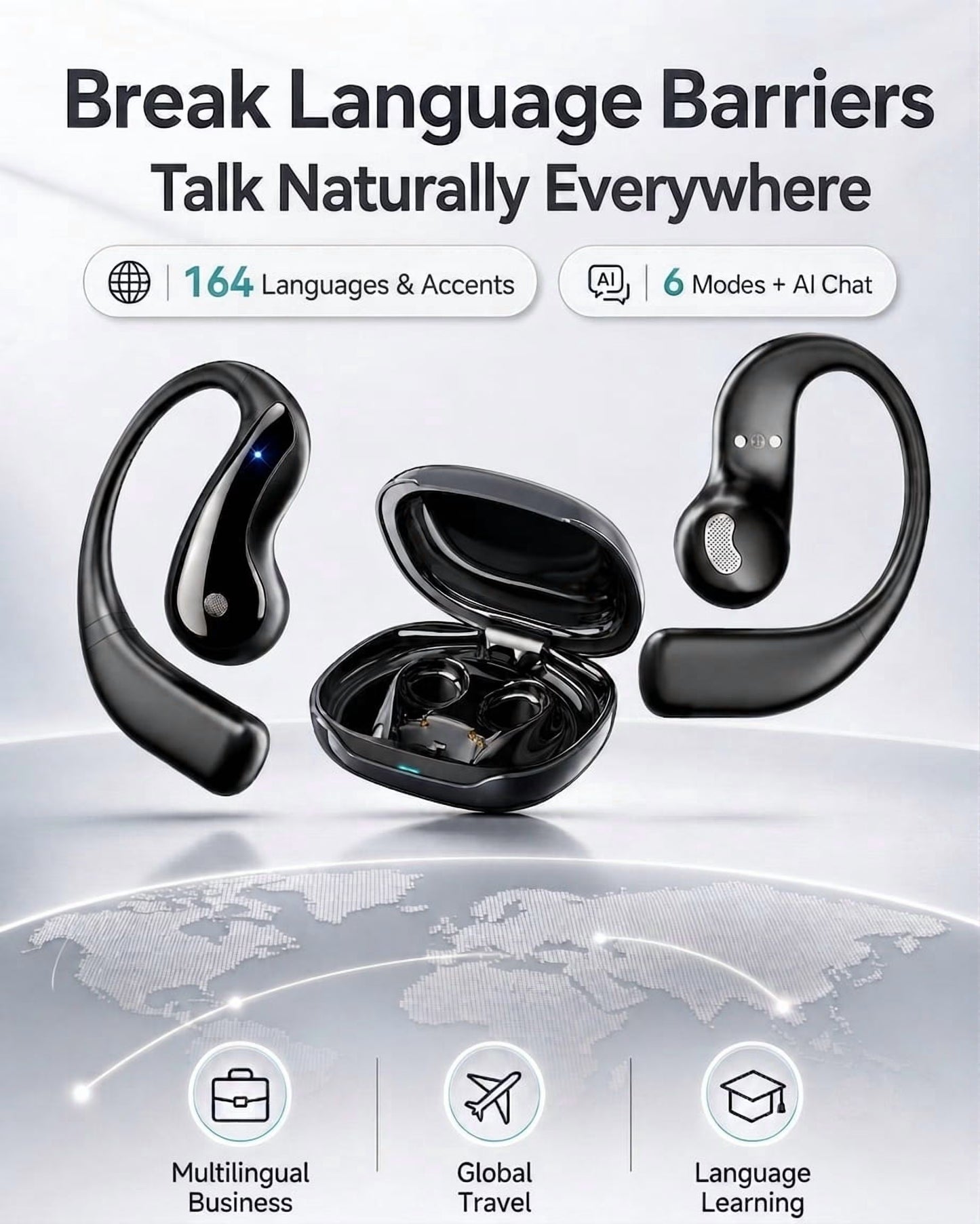 AI Translation Earbuds Real Time, 164 Language Translator Earbuds, 4-In-1 Bluetooth Earbuds Pro, Open-Ear Translator Headphones with No Subscription , 60H Playtime for Travel Work Learning