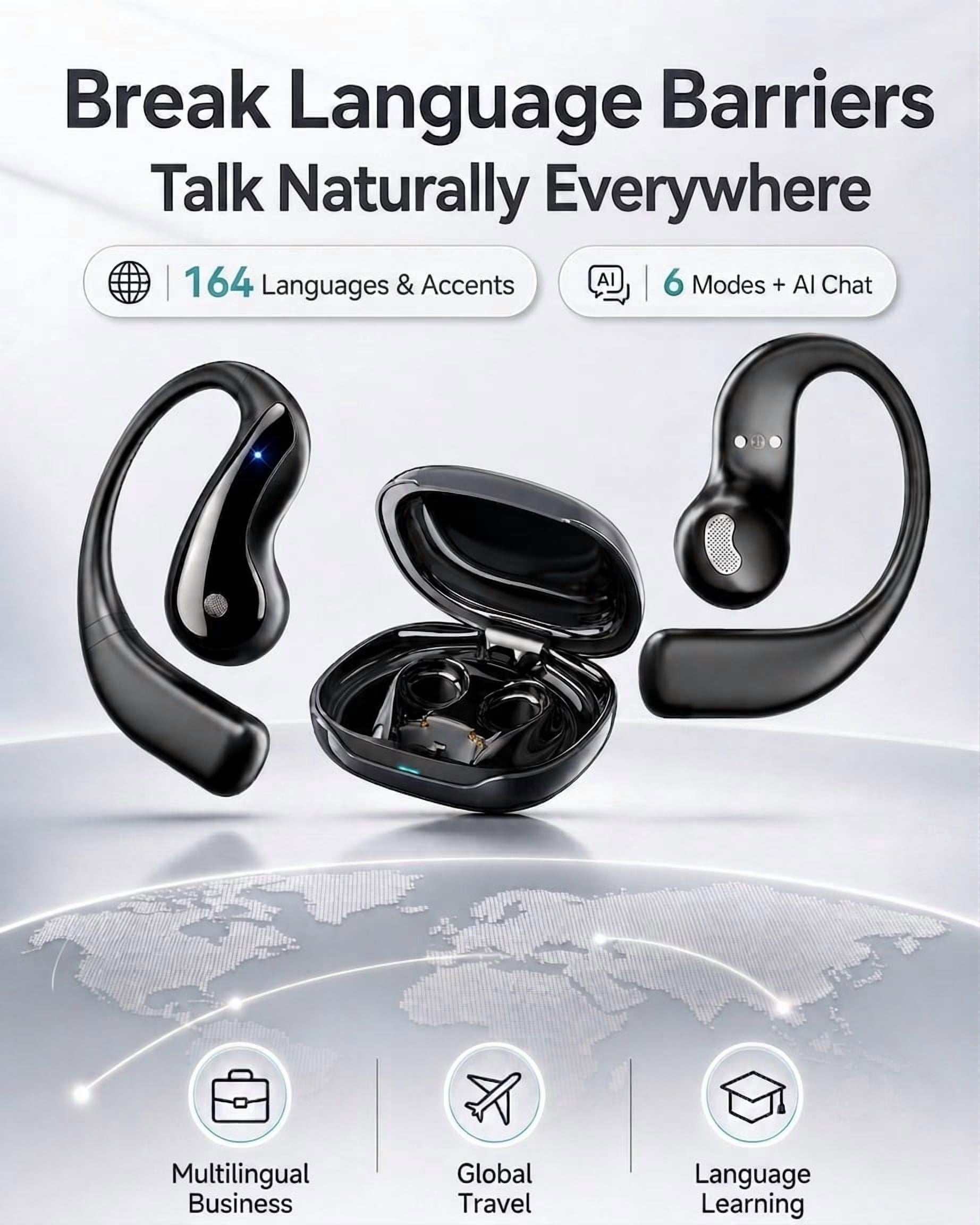 AI Translation Earbuds Real Time, 164 Language Translator Earbuds, 4-In-1 Bluetooth Earbuds Pro, Open-Ear Translator Headphones with No Subscription , 60H Playtime for Travel Work Learning