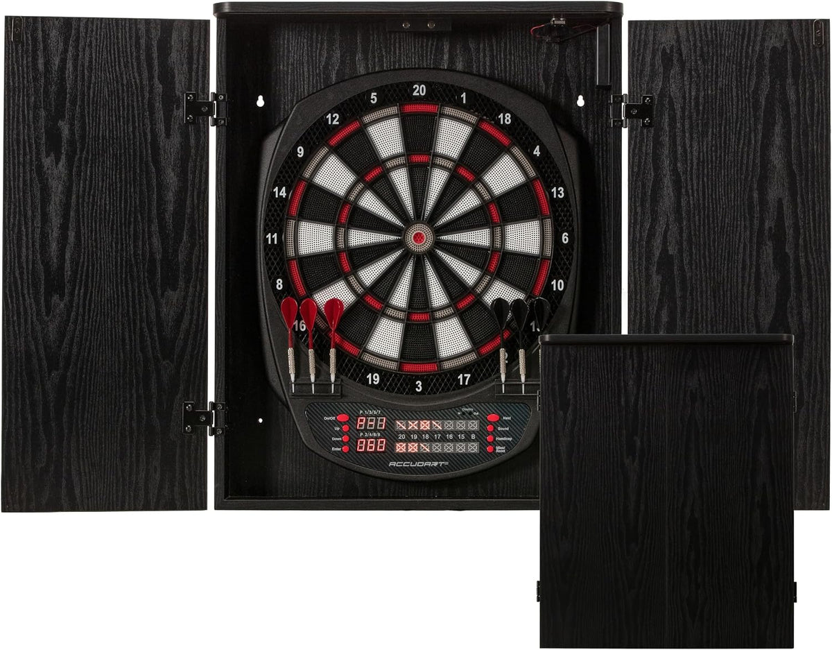 NOVA Electronic Dartboard with Cabinet – 35 Games, 580 Variations, Dual LED Scoring, Auto LED Cabinet Lighting, Virtual Opponent, Ac/Battery Power – Includes Soft Tip Darts