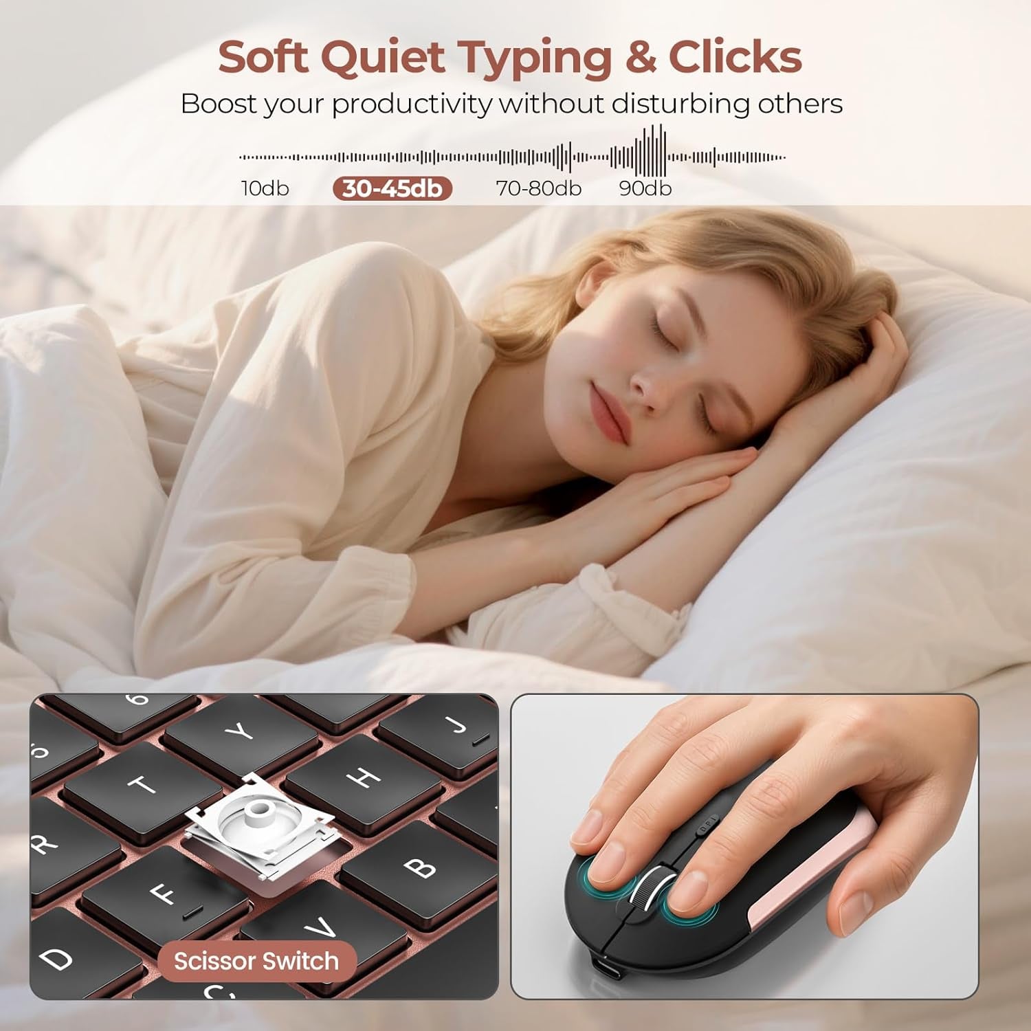 Wireless Keyboard and Mouse Combo, Rechargeable Quiet Keyboard Mouse, Sleek and Ultra Thin Design, Full-Size with Number Pad for Windows, Laptop, PC, Notebook, Desktop (Rose Gold & Black)
