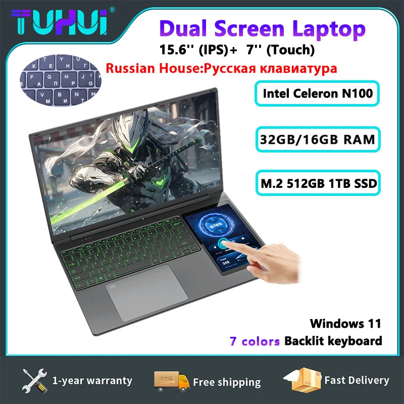 Dual Screen Laptop 15.6 Inch IPS 7 Inch Touch Screen Gaming Laptops Intel N100 16G/32G DDR4 1TB SSD Win11 Notebook