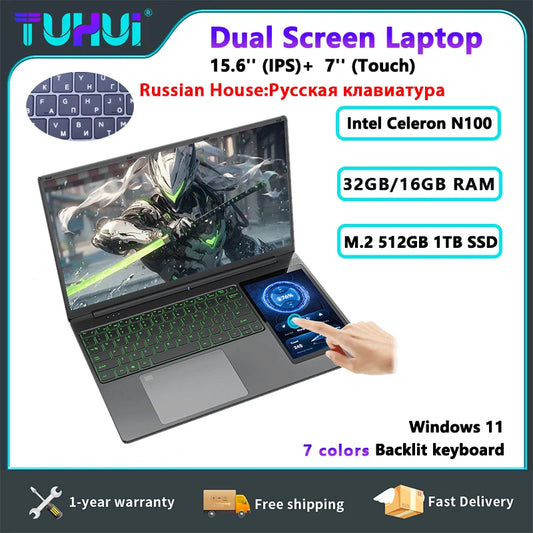 Dual Screen Laptop 15.6 Inch IPS 7 Inch Touch Screen Gaming Laptops Intel N100 16G/32G DDR4 1TB SSD Win11 Notebook
