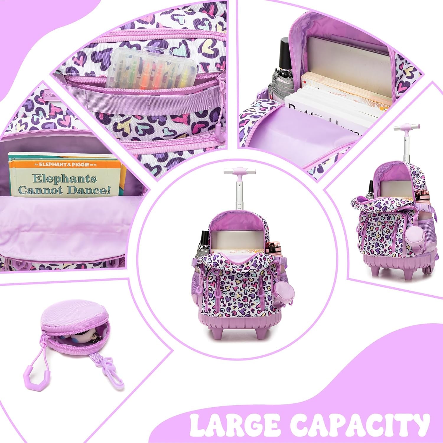 Rolling Backpacks for Kids Backpack for Girls with Lunch Bag Pencil Case 16.5" Kids Backpack with Wheels Roller Backpacks for Girls