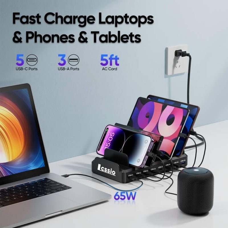 300W Charging Station for Multiple Devices, 8 Port Multi USB C Fast Charger Station Dock for Macbook Iphone 17/16/15/14/13/12 Samsung Pixel Series Ipad, Black (6 Mixed Short Cables Included)