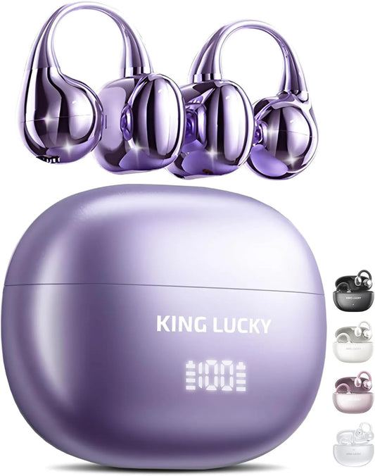 Clip-On Earbuds Gen 3, Open-Ear Wireless Bluetooth 6.0 Headphones with Mic, Secure Fit for Small Ears & Glasses Wearers, 50H Playtime, LED Digital Display, ENC, IPX5 Waterproof (Purple)