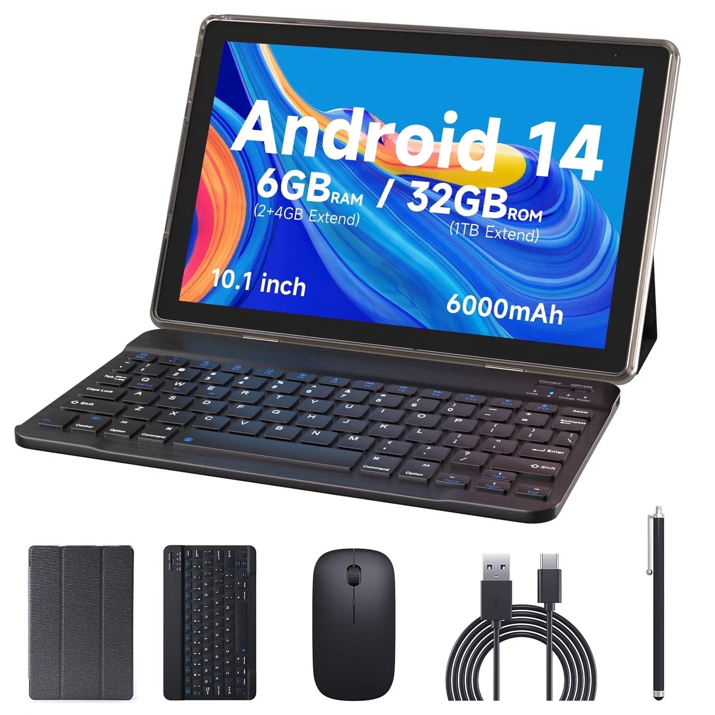 Android 14 Tablet, 10 Inch 2 in 1 Tablets with Keyboard, Mouse, Case, Stylus, 32GB ROM+6GB RAM/1TB Expendable, 8MP Cameras, 1.8Ghz Quad-Core Processor, 6000Mah Battery, 1280*800 FHD 10'' Tablet