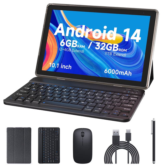 Android 14 Tablet, 10 Inch 2 in 1 Tablets with Keyboard, Mouse, Case, Stylus, 32GB ROM+6GB RAM/1TB Expendable, 8MP Cameras, 1.8Ghz Quad-Core Processor, 6000Mah Battery, 1280*800 FHD 10'' Tablet