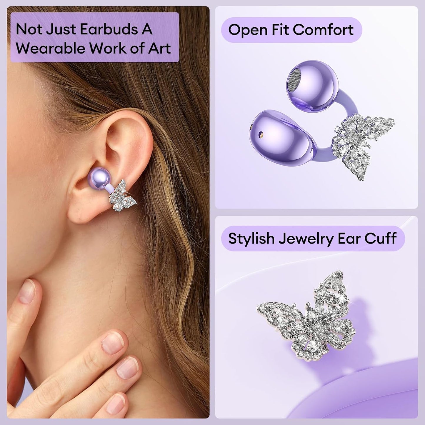 Stylish Open Ear Clip on Earbuds with Removable Butterfly Earring, Clip on Headphones with LCD Touch Screen, Fashionables Open Ear Headphones for Women, Butterfly Earring Purple Earbuds