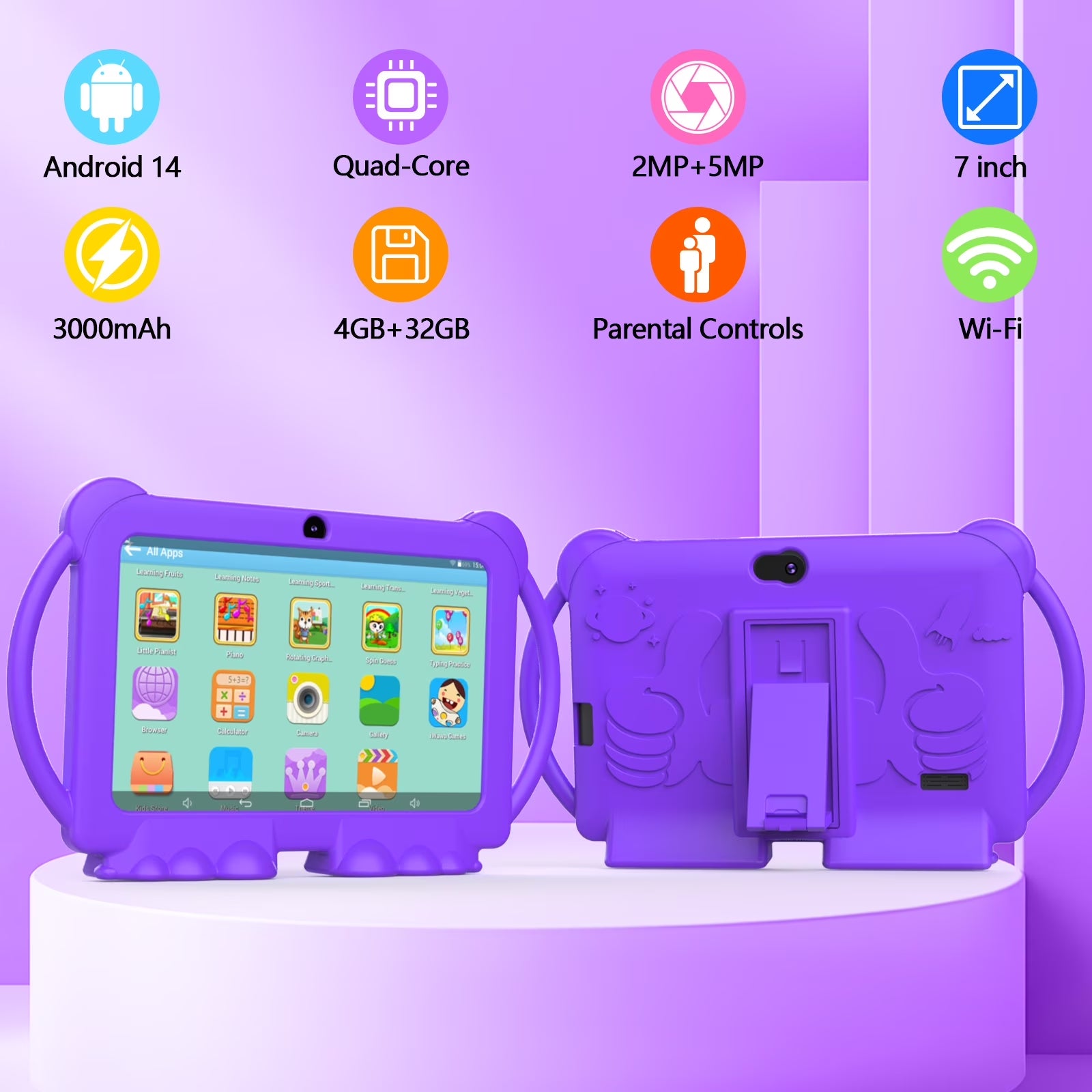 Android Tablet 7 Inch Kids Tablet with Protective Case, 4GB+32GB (Supports 512GB), Dual Cameras, 3000Mah Battery, Wifi 6, 1080P HD - Perfect Holiday/Birthday Gift