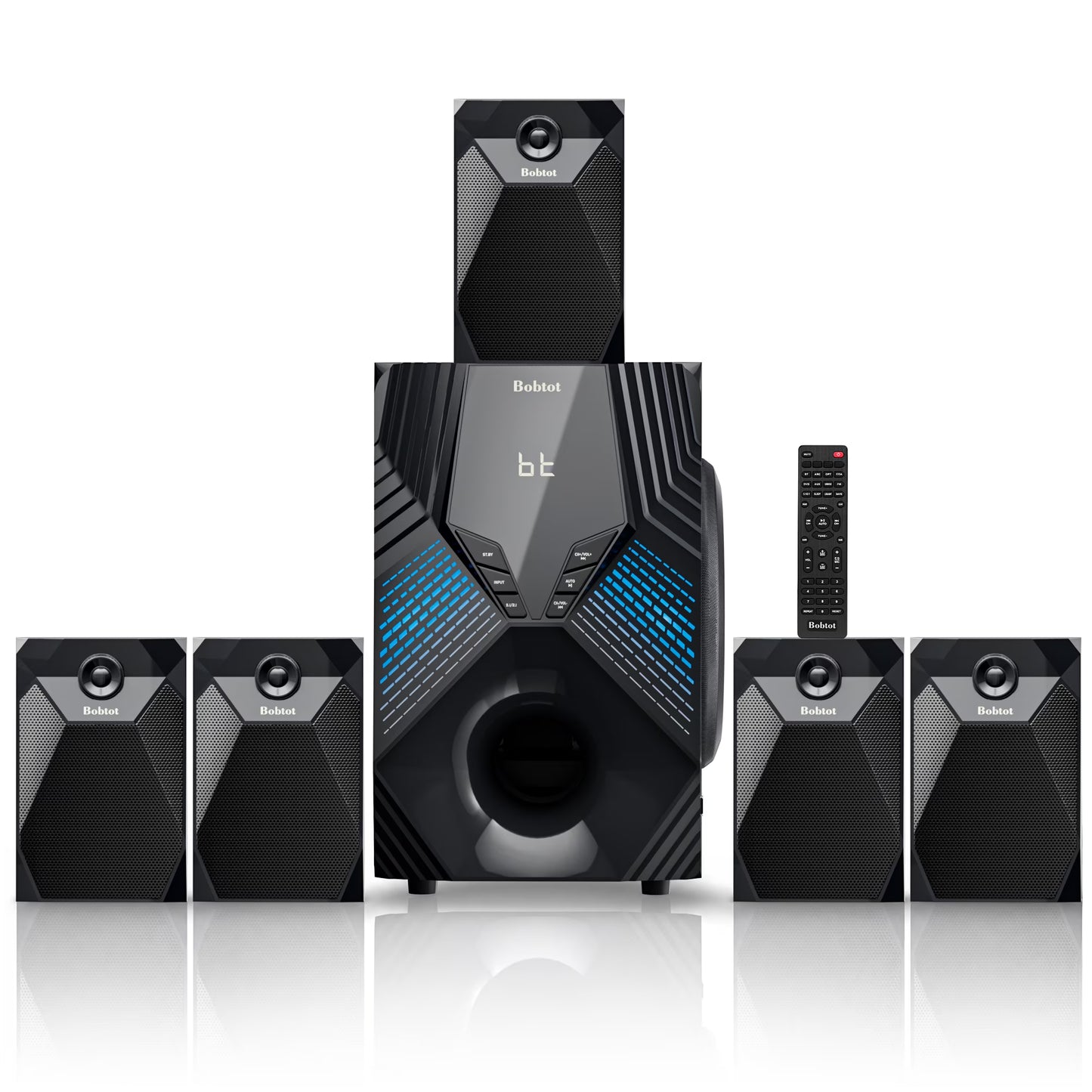 5.1/2.1 Channel Surround Sound Speaker System 1000W Bluetooth Home Theater with 8" Subwoofer, Bluetooth, USB, Includes Remote, LED Light Effects - Perfect for TV Movies, Karaoke