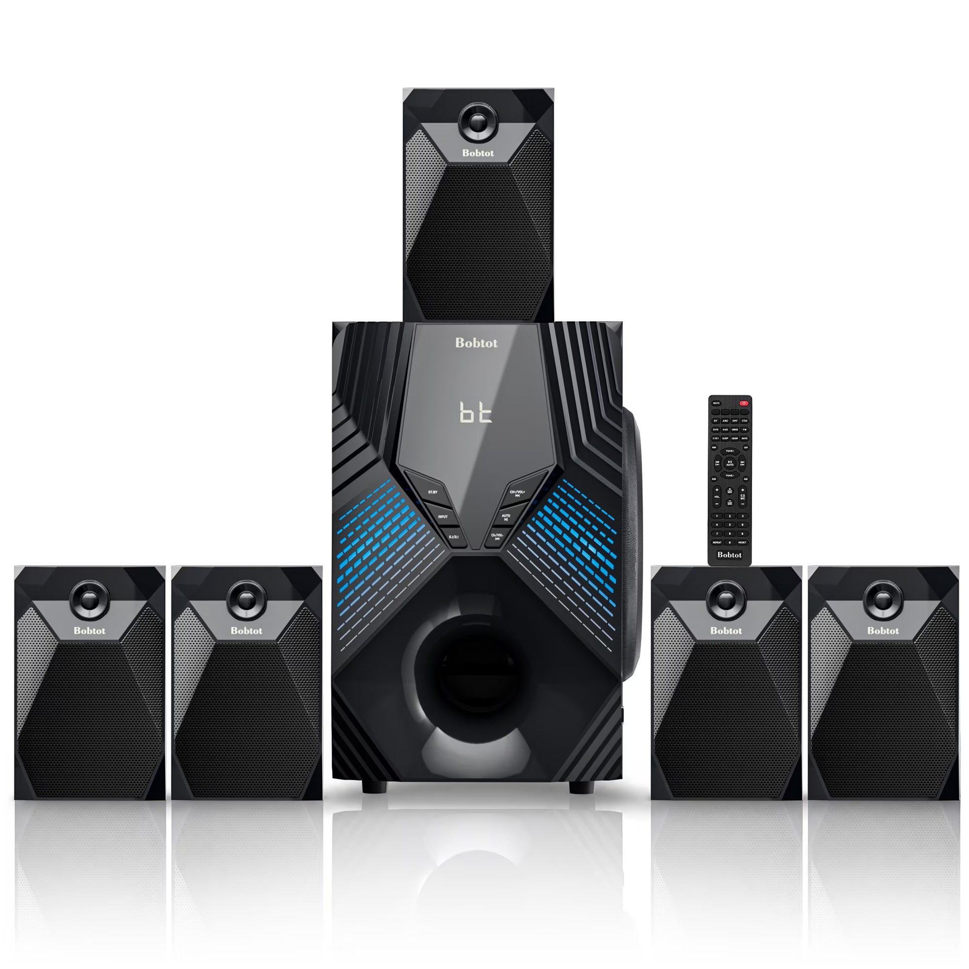 5.1/2.1 Channel Surround Sound Speaker System 1000W Bluetooth Home Theater with 8" Subwoofer, Bluetooth, USB, Includes Remote, LED Light Effects - Perfect for TV Movies, Karaoke