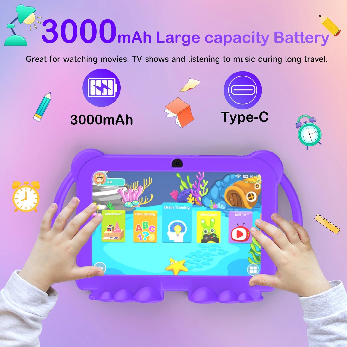 Android Tablet 7 Inch Kids Tablet with Protective Case, 4GB+32GB (Supports 512GB), Dual Cameras, 3000Mah Battery, Wifi 6, 1080P HD - Perfect Holiday/Birthday Gift