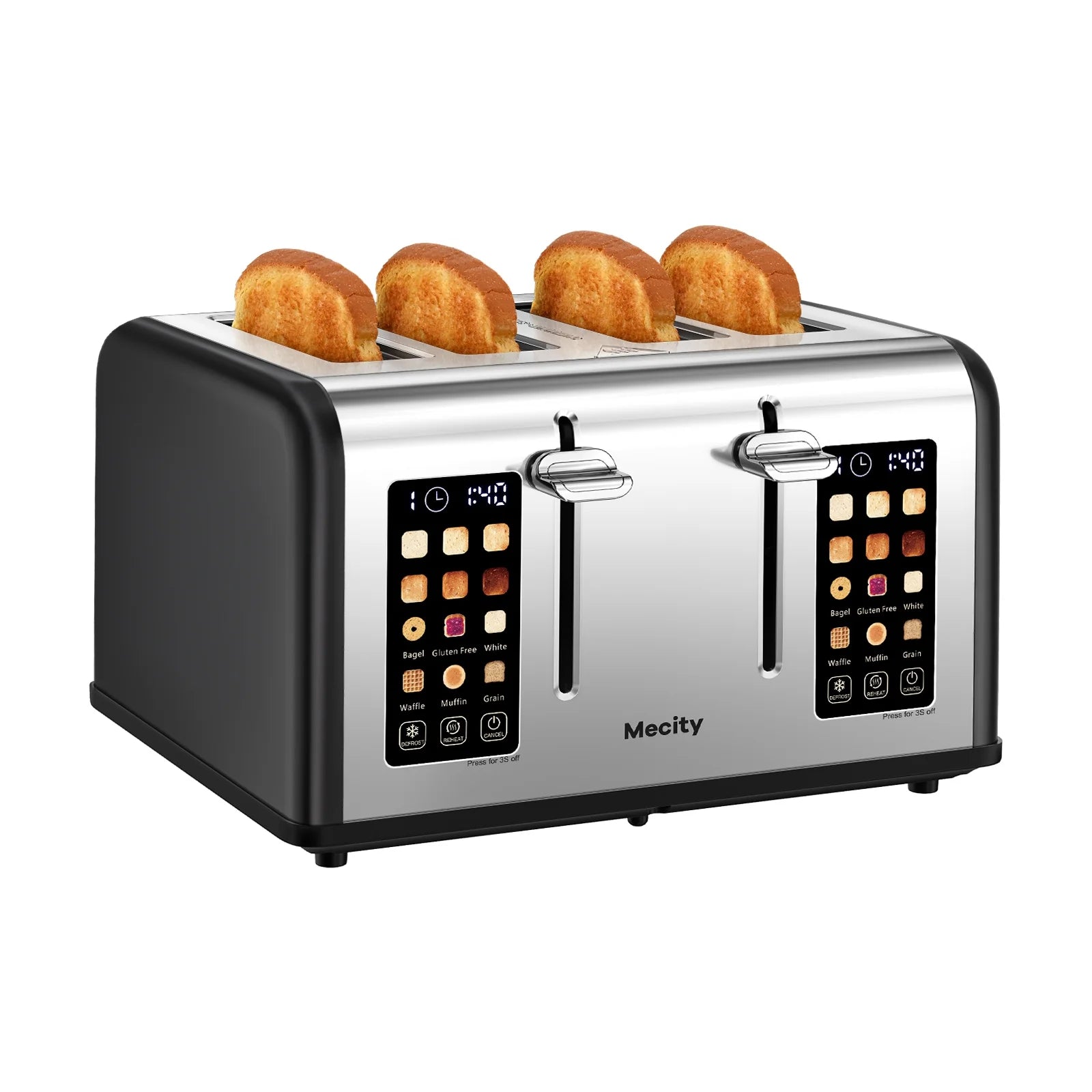 4-Slice Toaster with Touchscreen, Stainless Steel, Wide Slots, 6 Browning Settings, Digital Display, Reheat, Defrost, Crumb Tray, Matte Black