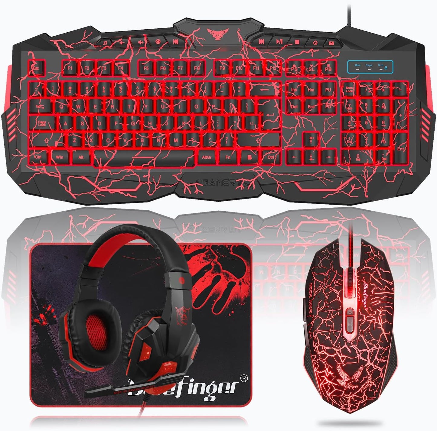 Gaming Keyboard Mouse Headset Combo, USB Wired Crack Backlit,114 Keys Letters Glow LED Keyboard, Red LED Light Headset for Laptop PC Computer Work and Game