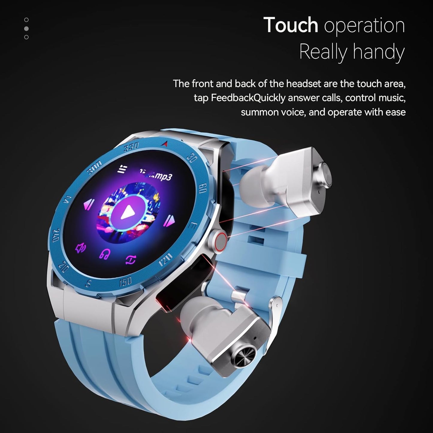 F33 Smart Watch with Earbuds 3 in 1 MP3 Bluetooth Headset 1.43 Inch Smartwatch Built-In Wireless Earbuds Speaker round Fitness Tracker Body Health Monitor 4GB Memory Local Music Player (Light Blue)