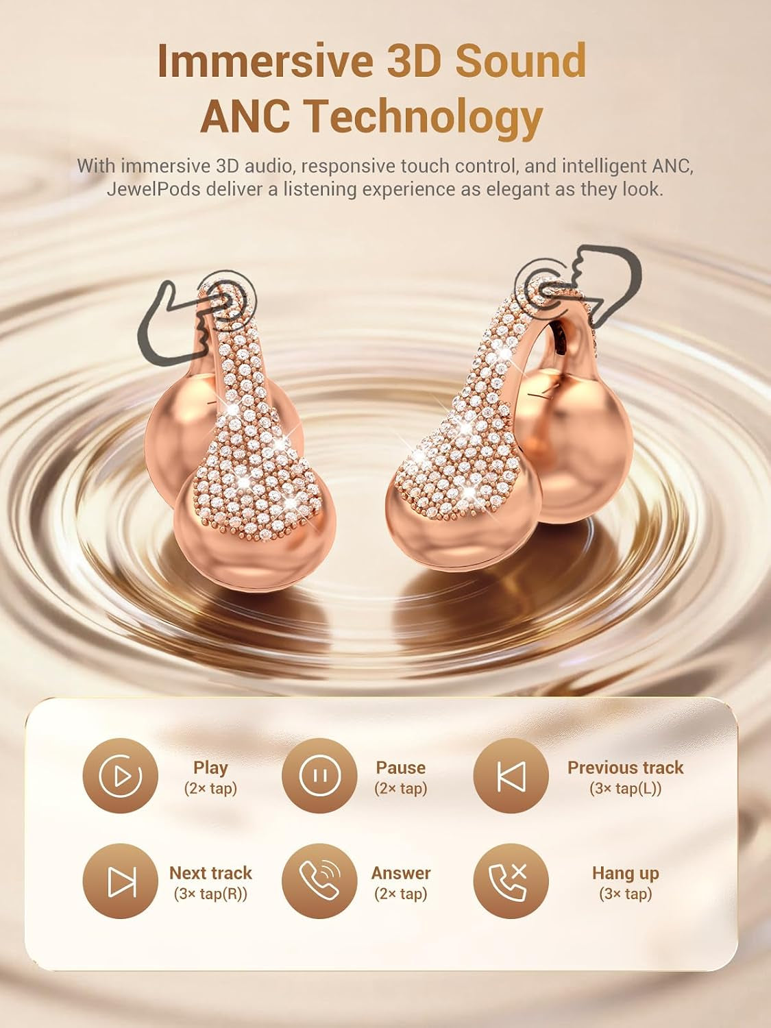 Jewelpods C01 Pro Open Ear Headphones, Luxury Jewelry Earbuds, Rose Gold | Clip-On Wireless Bluetooth Earbuds Secure, Lightweight, Premium Audio-Water Resistant-Up to 72 Hrs Play,Gift for Her