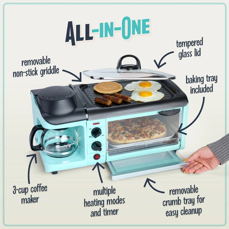 Retro 3-In-1 Family Size Electric Breakfast Station, Coffeemaker, Griddle, Toaster Oven, Aqua