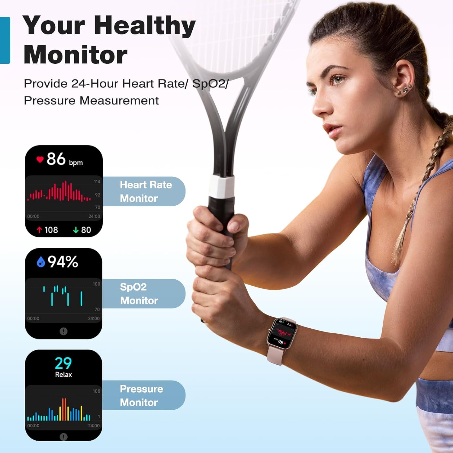 Smart Watch for Women,1.8” Touchscreen, Bluetooth Call, Alexa Built-In,24/7 Heart Rate Spo2 Monitor,Step Counting,Sleep Tracking, IP68 Waterproof Fitness Tracker Watch for Android Iphone