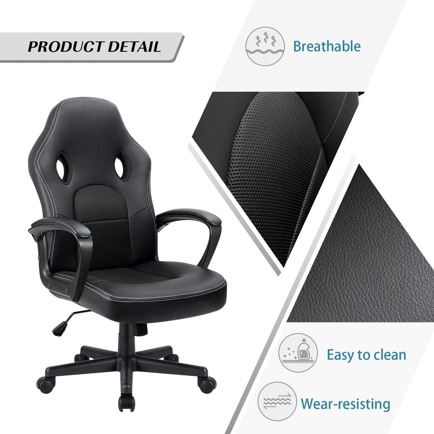 Gaming Chair Office Chair Leather Computer Desk Chair Racing Style Ergonomic Adjustable Swivel Task Chair with Lumbar Support and Arms (Black)