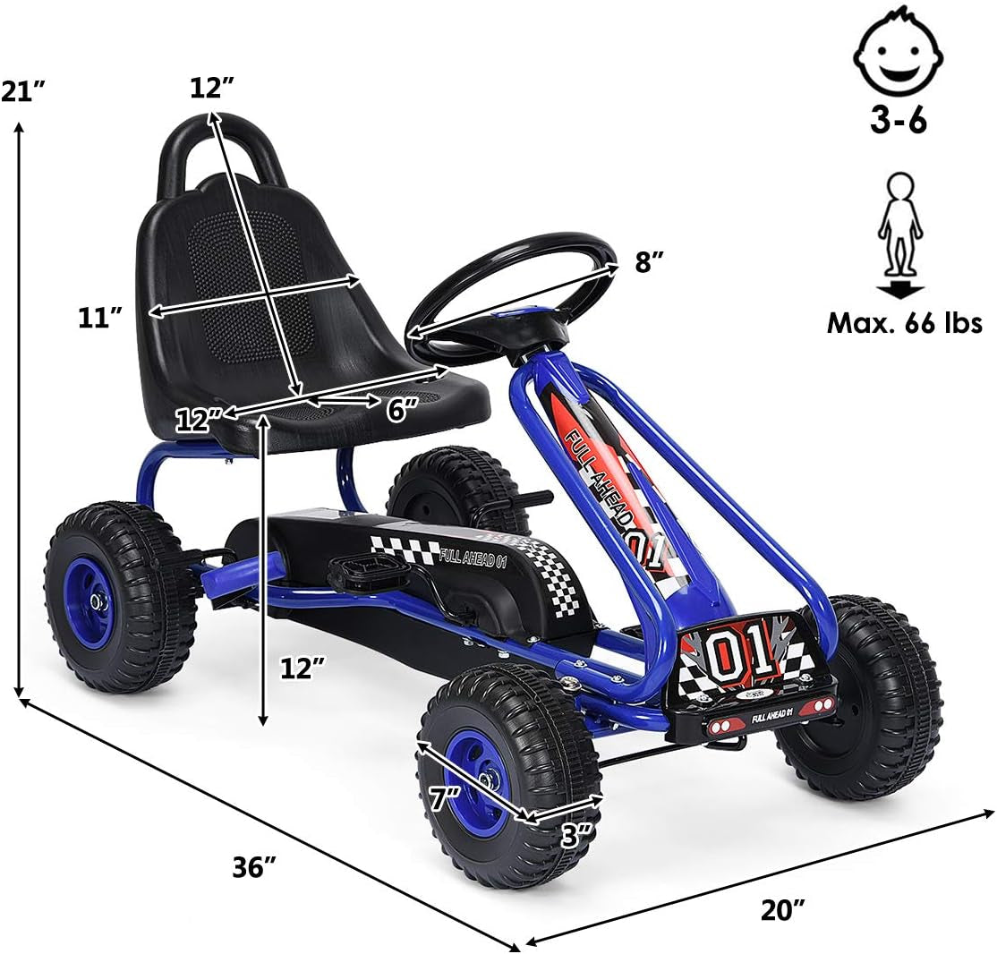 Go Kart for Kids, 4 Wheel Pedal Powered Go Cart with Steering Wheels & Adjustable Seat, Safety Hand Brake, Non-Slip Tires, Outdoor Off-Road Racer Ride on Pedal Car for Boy Girl (Blue)
