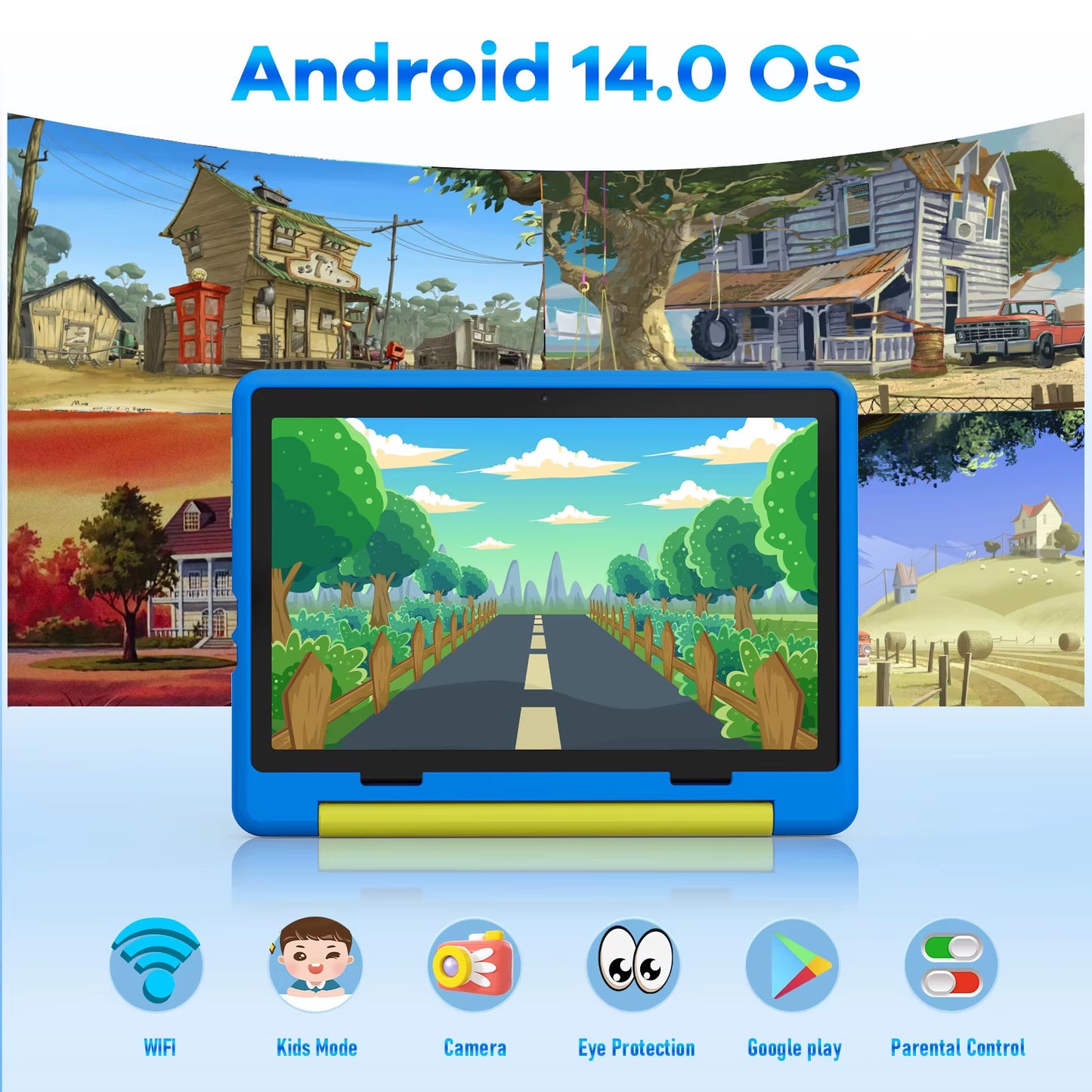 KT1016 Kid Tablet 10.1 Inch Android 14 Quad Core 8GB RAM 64GB ROM 1TB Expand Wifi Bluetooth Children'S Gift Kids Software PC Pad