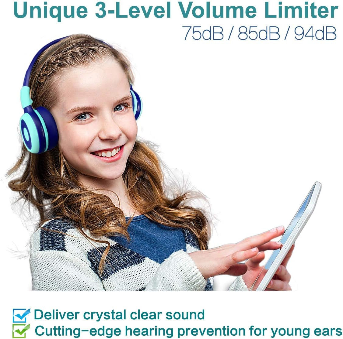 Kids Bluetooth Headphones with Microphone and 75Db,85Db,94Db Volume Limit, Foldable Lightweight & Adjustable, Wireless Headphones for Kids Boys Girls Children Tablet Ipad Blue