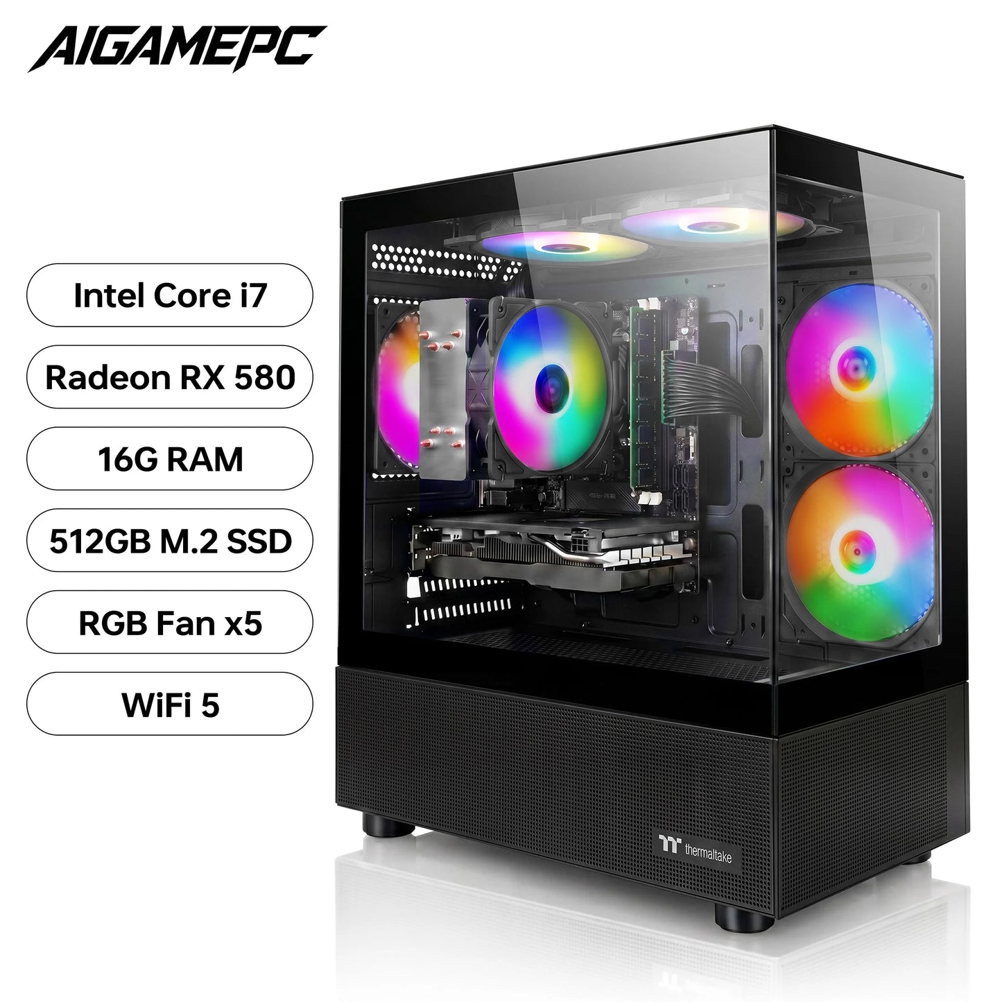 Gaming PC Desktop Computer, Intel Core I7 up to 4.0Ghz, Radeon RX 580 8G, 16G RAM, 512GB M.2 SSD, BX3 550W 80PLUS Bronze PSU, Wifi 5, RGB Fan X5, Windows 11 Home, Black PC