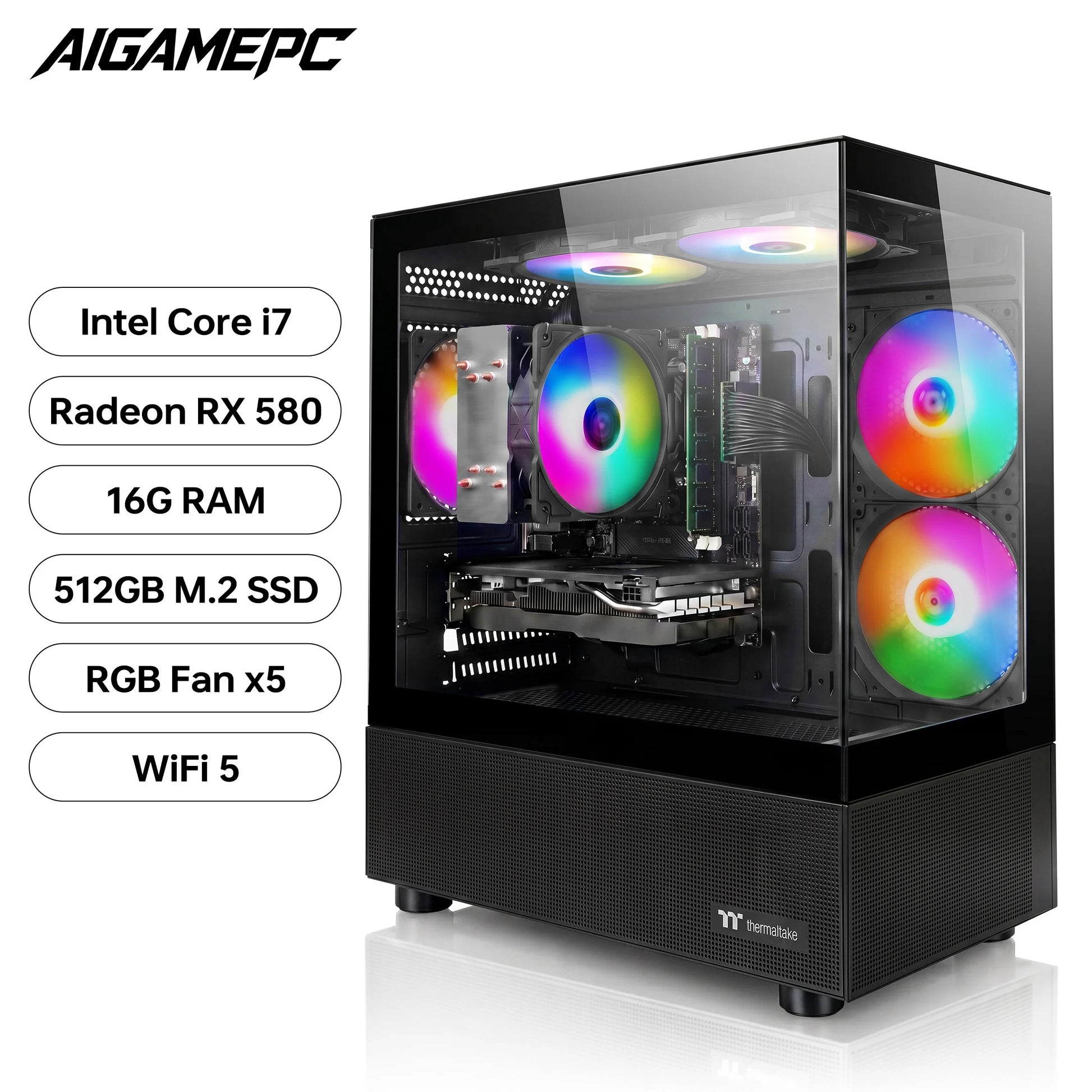 Gaming PC Desktop Computer, Intel Core I7 up to 4.0Ghz, Radeon RX 580 8G, 16G RAM, 512GB M.2 SSD, BX3 550W 80PLUS Bronze PSU, Wifi 5, RGB Fan X5, Windows 11 Home, Black PC