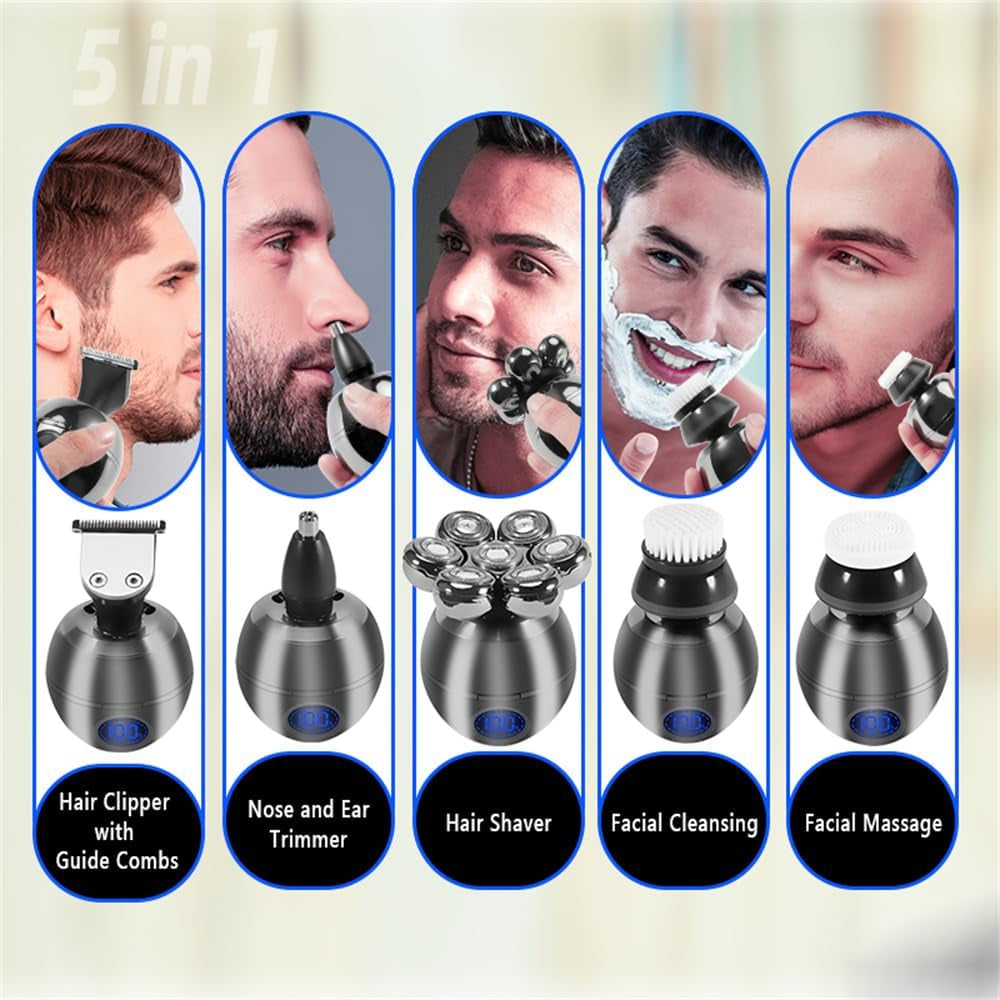 Head Shaver, 5 in 1 Waterproof with LCD Display Bald Head Shavers for Men, Wet Dry Electric Razor, 7DUSB Rechargeable Electric Shavers Bald (Grey)