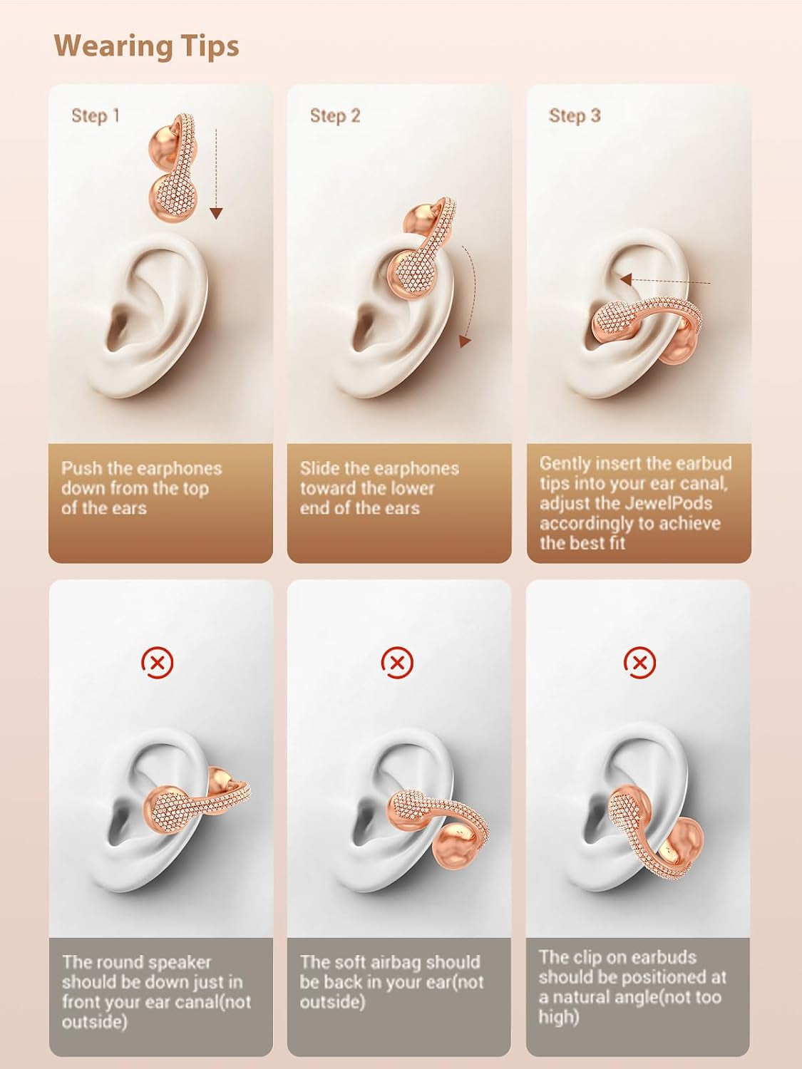 Jewelpods C01 Pro Open Ear Headphones, Luxury Jewelry Earbuds, Rose Gold | Clip-On Wireless Bluetooth Earbuds Secure, Lightweight, Premium Audio-Water Resistant-Up to 72 Hrs Play,Gift for Her