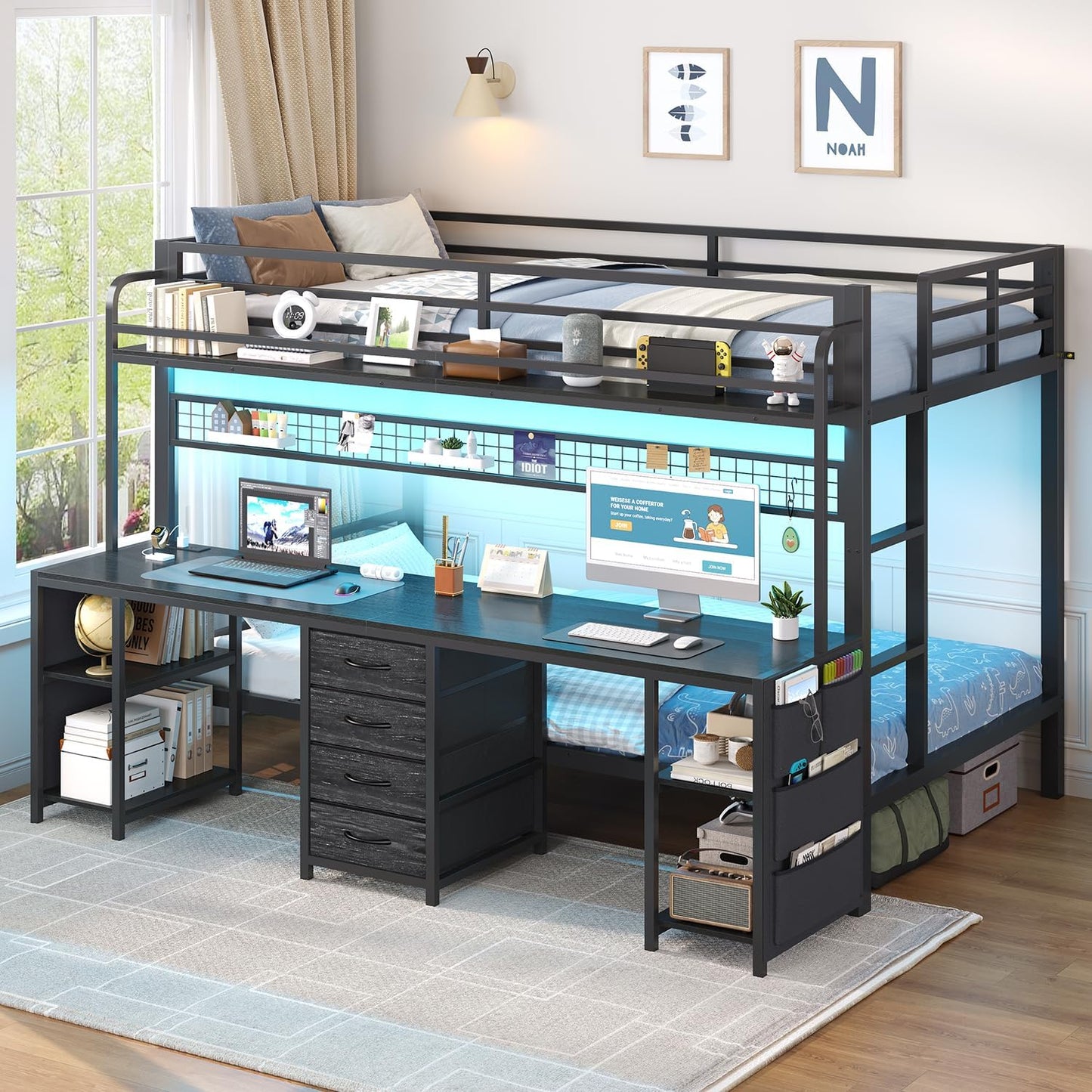 Bunk Bed Twin over Twin with 2 Person Desk, LED Lights, Black | Twin Bunk Bed with 4 Drawers,Storage Rack, 4 Shelves and Power Outles, Safety Guardrail for Kids/Teens Bedroom